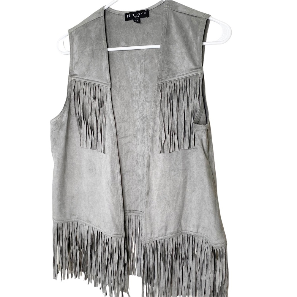 N Touch Western Cowgirl Fringed Vest Gray Faux Suede Women’s Petite - Picture 2 of 4